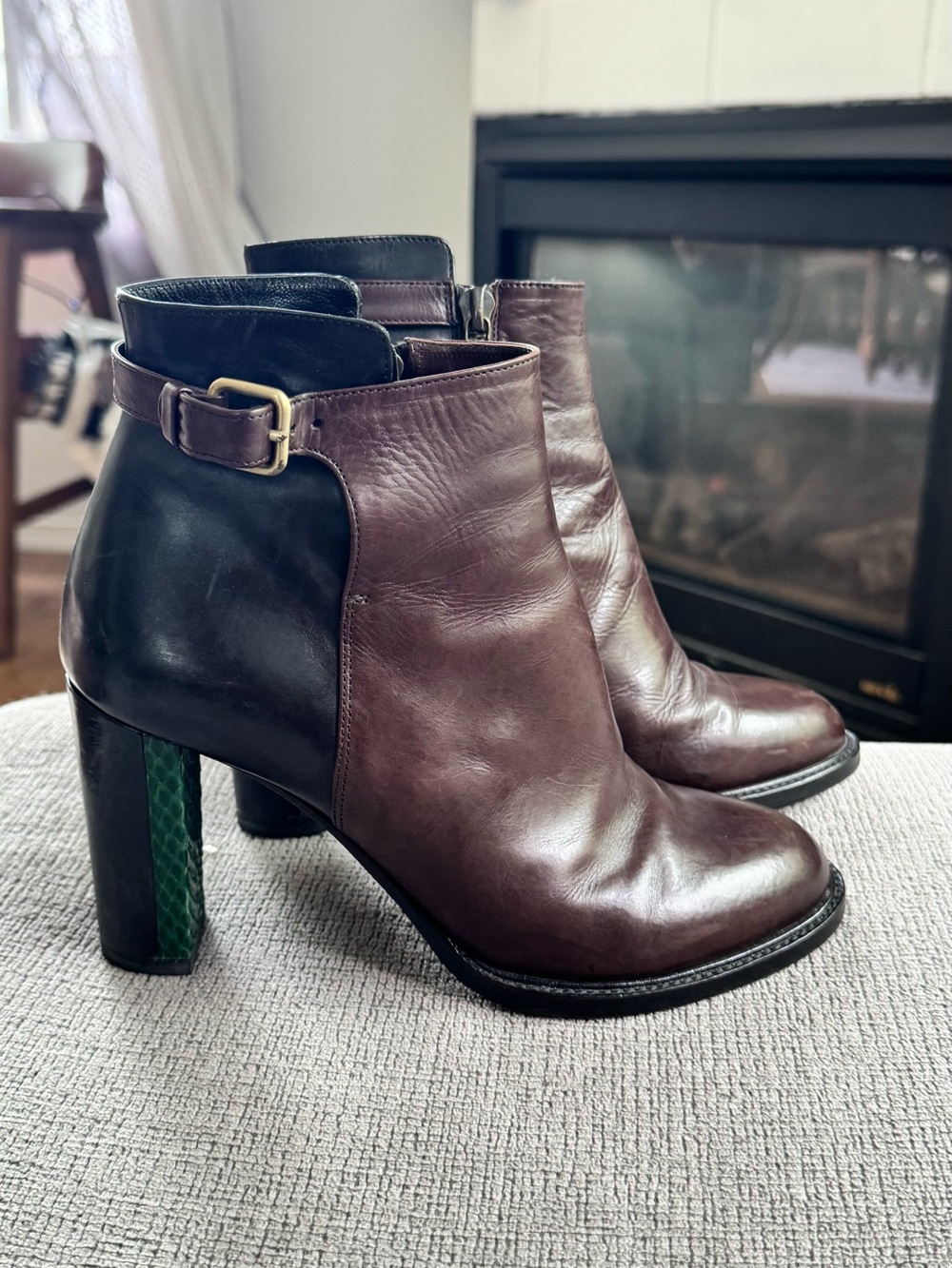 Dries Van Noten Two-Tone Leather Ankle Boots with Green Heel
